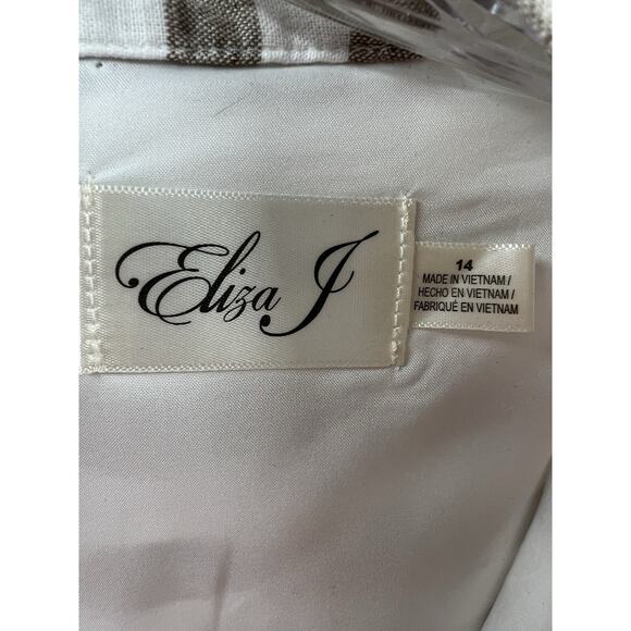 Eliza J Sleeveless Shift Dress Linen Blend Beige White Stripe Lined 14 Cruise - Picture 3 of 9